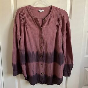 Pure Jill Button Front Dip Dye Gauzy Cotton Blouse - Pink and Purple - Small